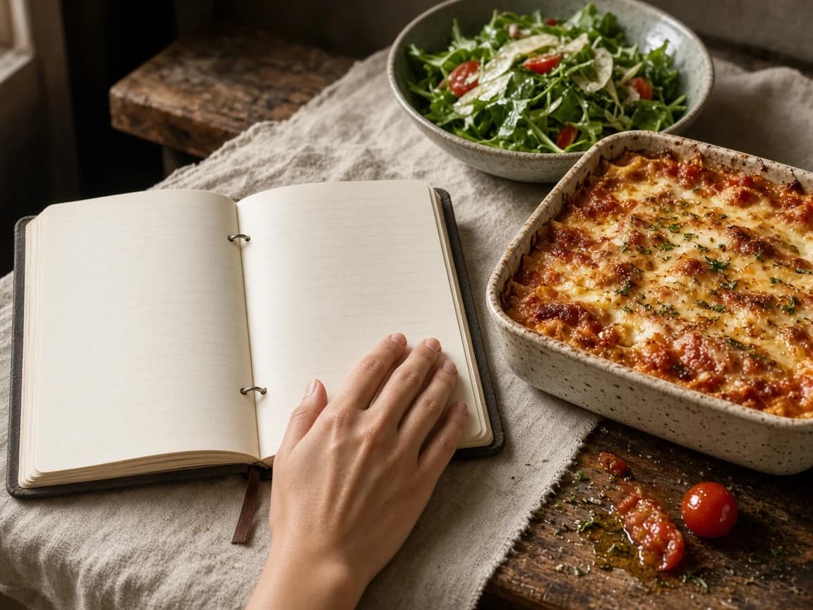 A hand resting on an open lined recipe notebook with no writing, beside baked pasta and a green salad.