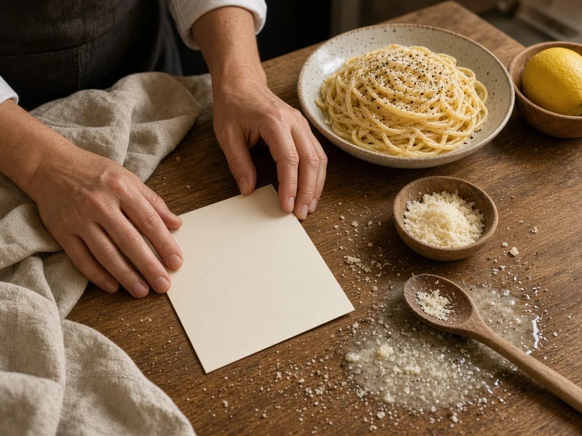Hands holding a blank cream recipe card beside a bowl of lemon-pepper pasta, grated cheese and a wooden spoon.