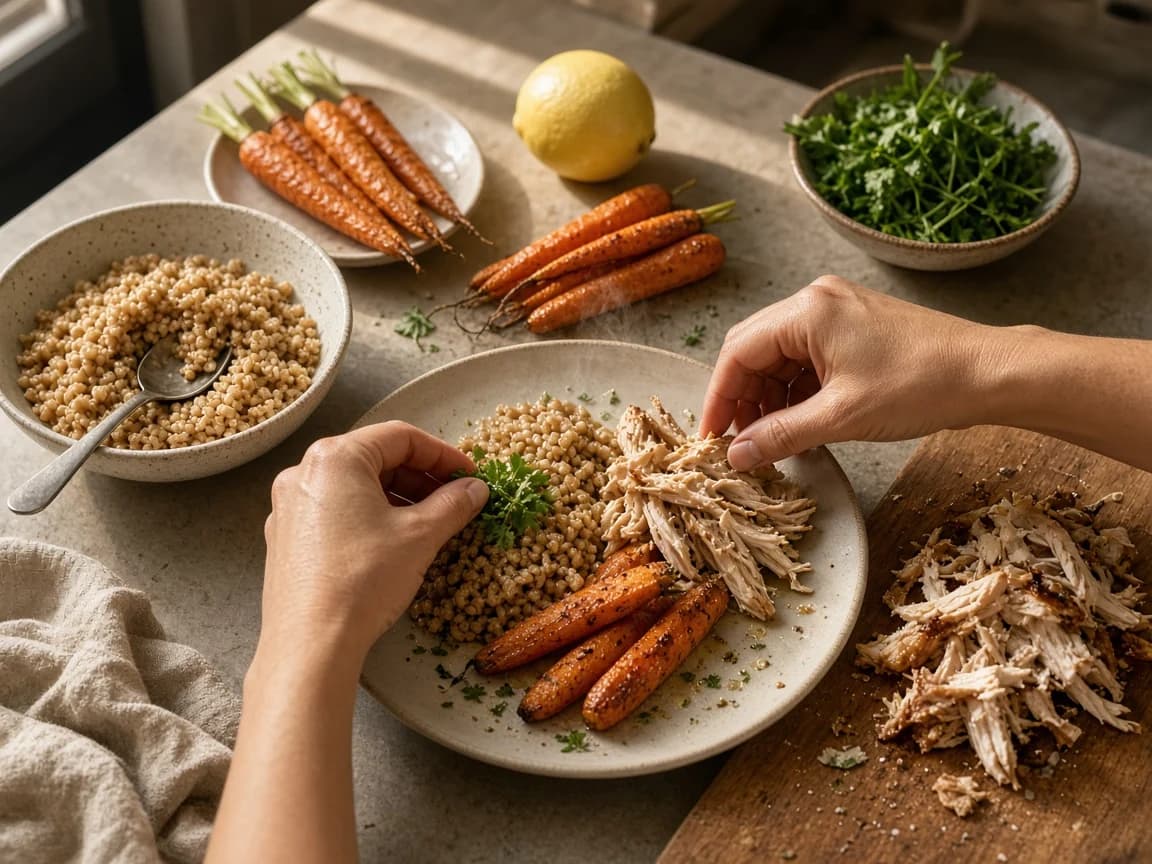 Hands assembling one dinner plate from farro, roasted carrots, herbs and leftover roast chicken on a kitchen counter.