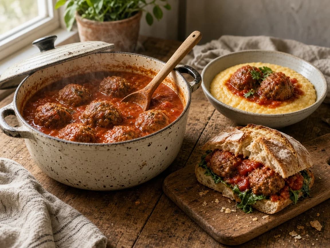 A Dutch oven of tomato-braised meatballs beside a bowl of polenta with meatballs and a meatball sandwich on a board.