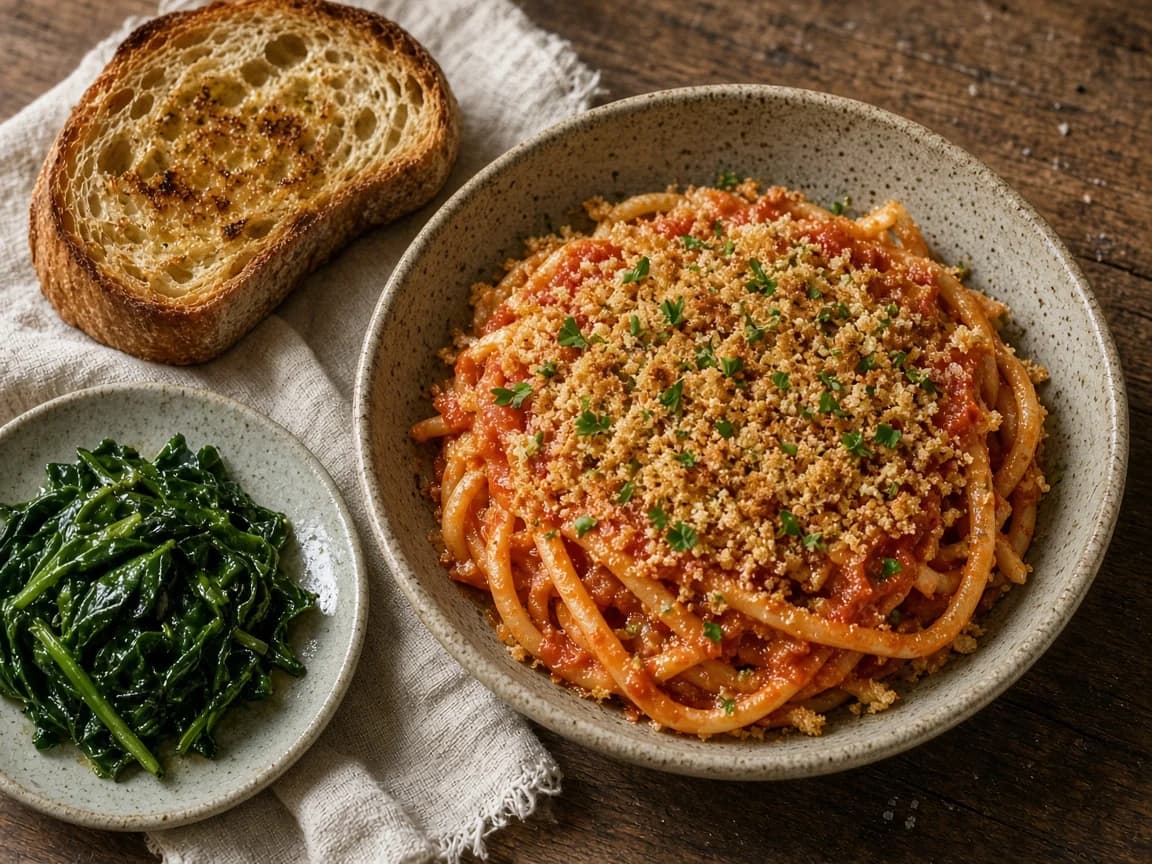 A ceramic bowl of tomato pasta with crisp golden breadcrumbs, toasted bread and a plate of greens.