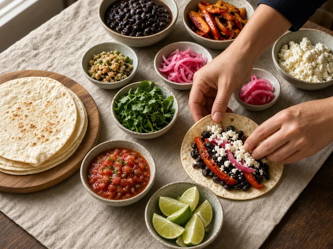 Hands assembling soft tacos from shared bowls of beans, roasted peppers, cheese, lime and pickled onions.