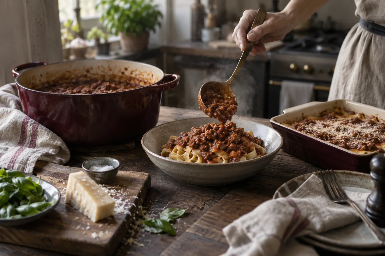 One pot of ragù being used for pasta and lasagne — a copper pot, a bowl of pappardelle, a ladle, and a baked lasagne together on a wooden table.