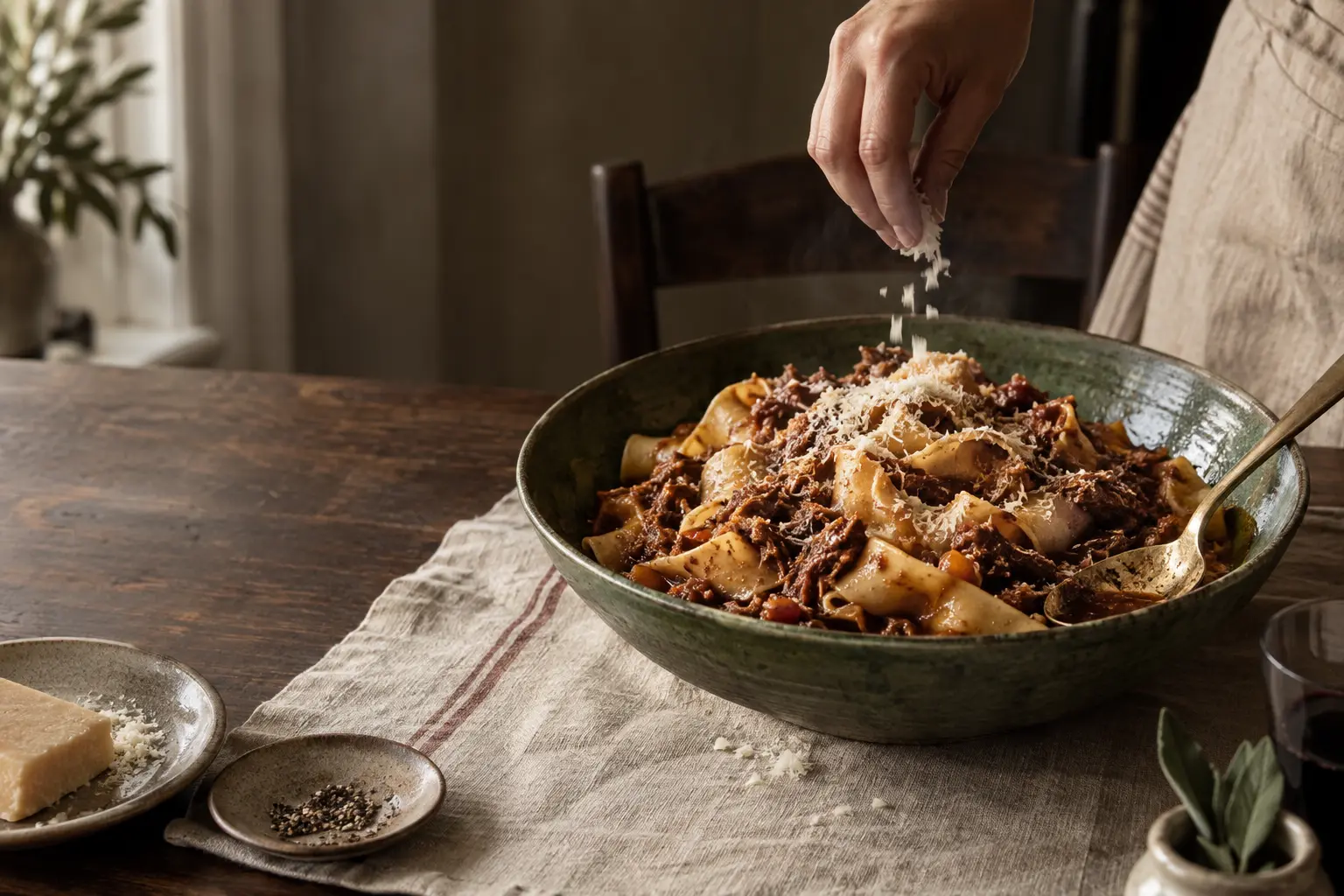 Pappardelle with slow-cooked ragù being finished at a kitchen table, a hand sprinkling parmesan over the bowl.