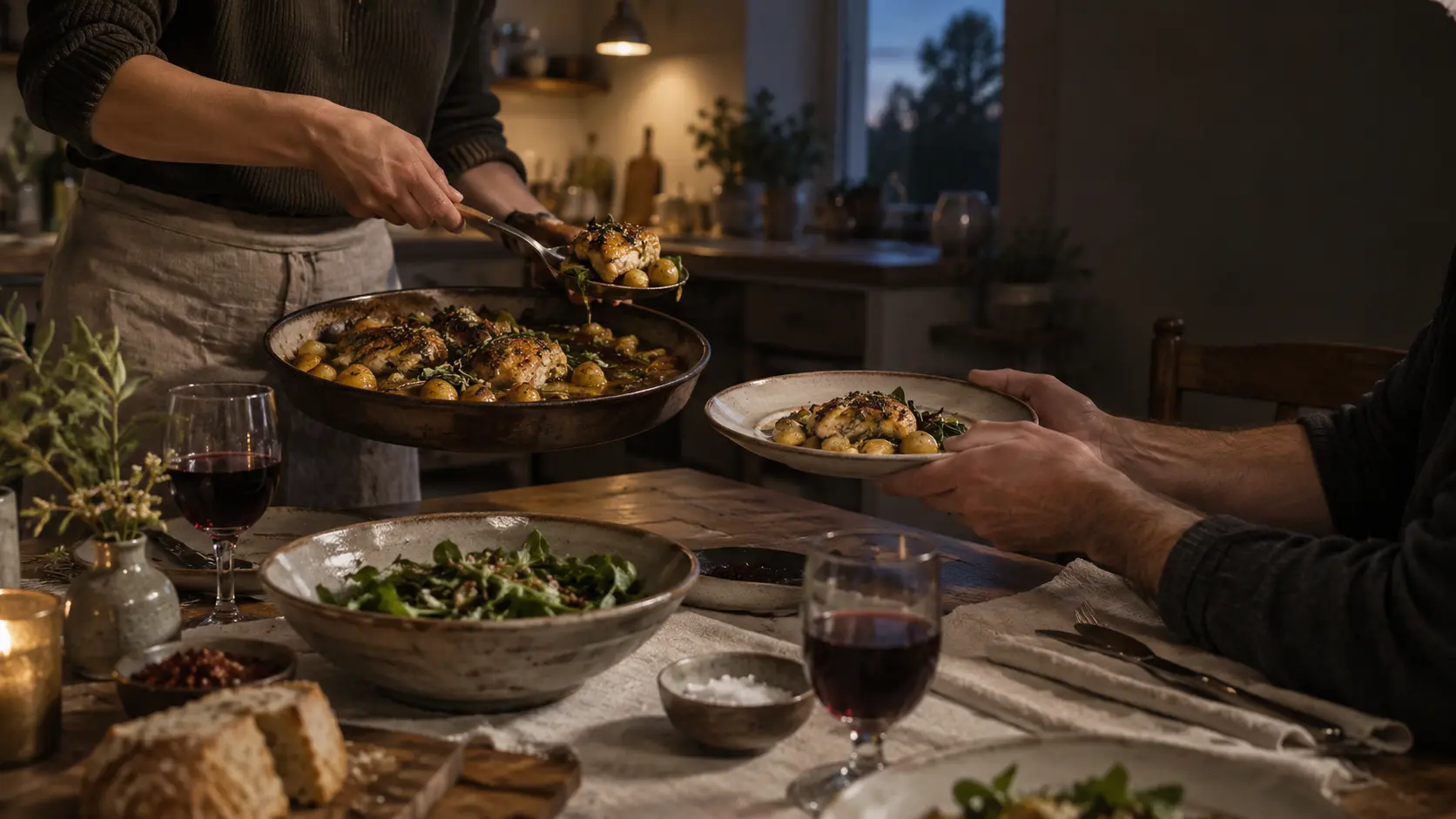 Two people sharing a home-cooked dinner at the table, one serving roast chicken and potatoes from a skillet onto a held plate.