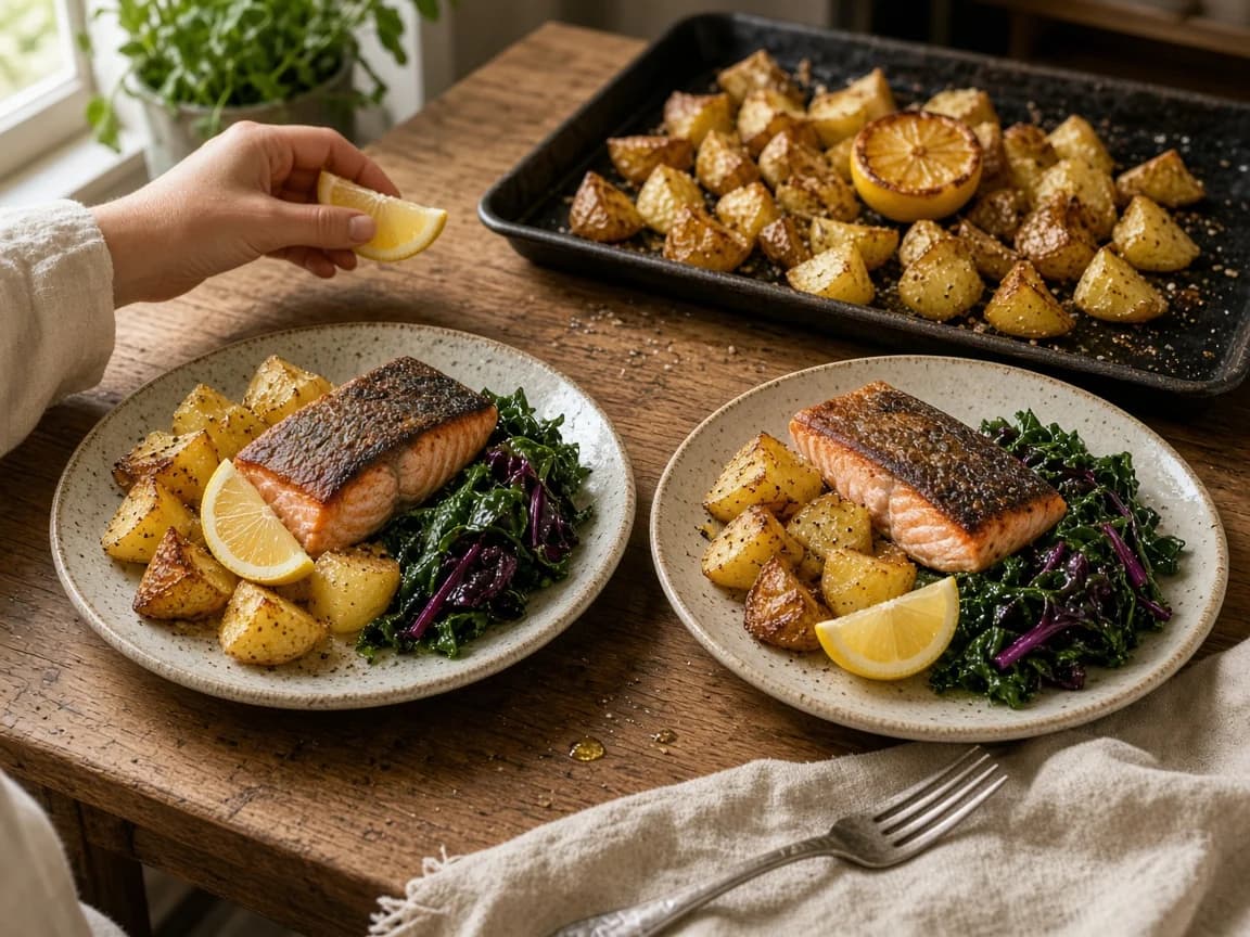 Two plates of sheet-pan salmon with crisp potatoes, lemon and greens, with the roasting tray still on the table.