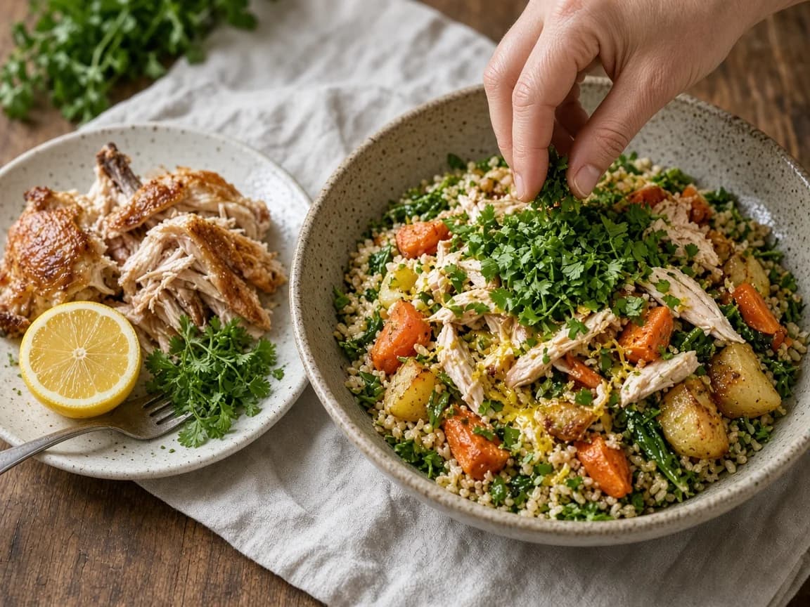 A herby chicken grain bowl with carrots, greens and lemon zest beside leftover roast chicken being pulled for a second dinner.