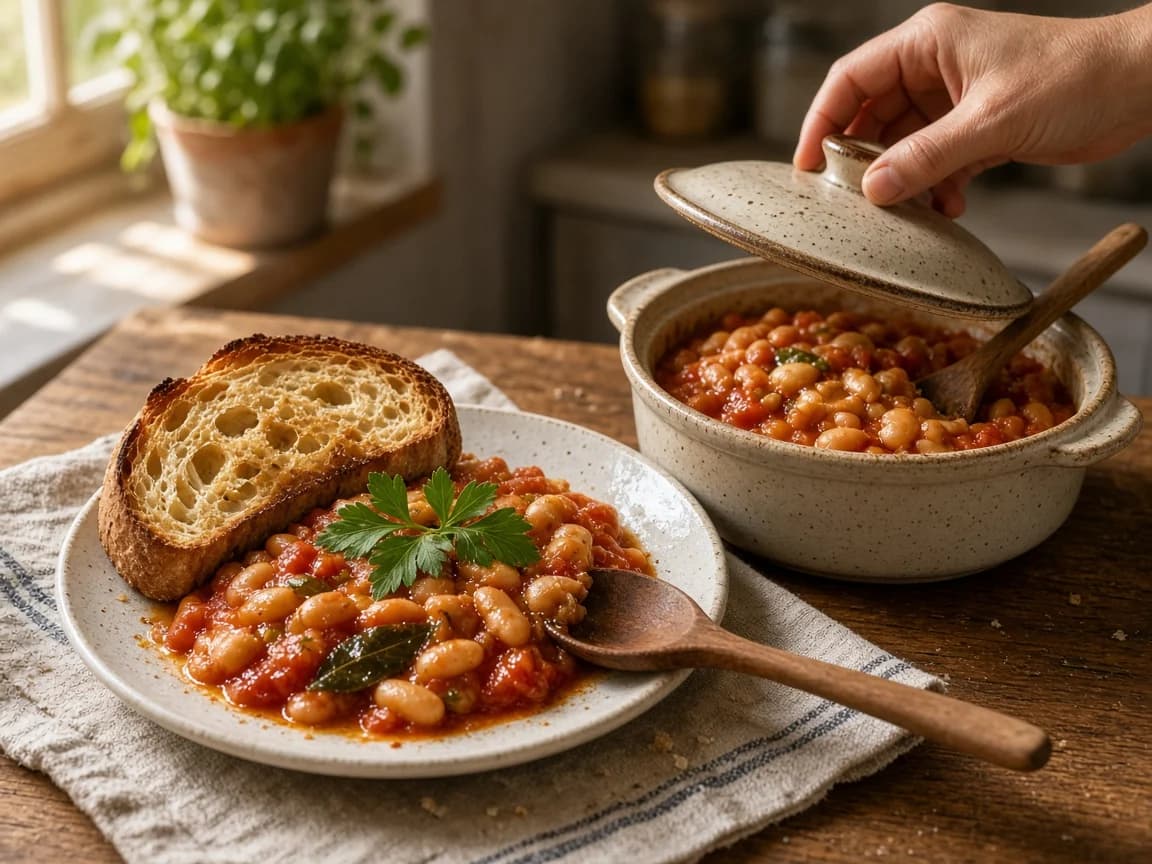 A bowl of tomato-braised white beans with toasted bread, and a second portion waiting in a lidded ceramic pot.