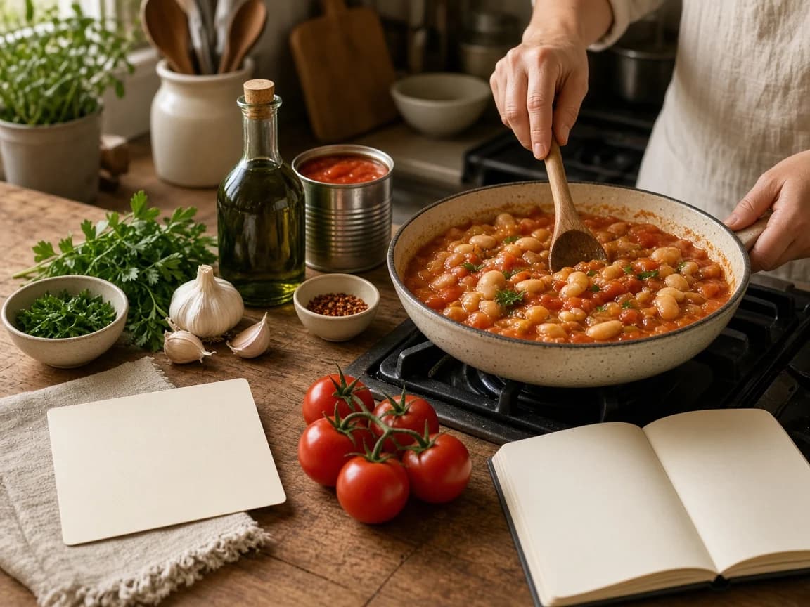 Hands stirring tomato and butter bean stew in a pan beside garlic, tomatoes, olive oil and a blank recipe card.