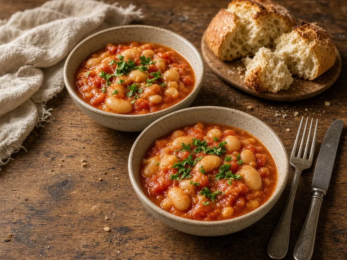 Two bowls of tomato and butter bean stew with bread and linen on a small wooden table.