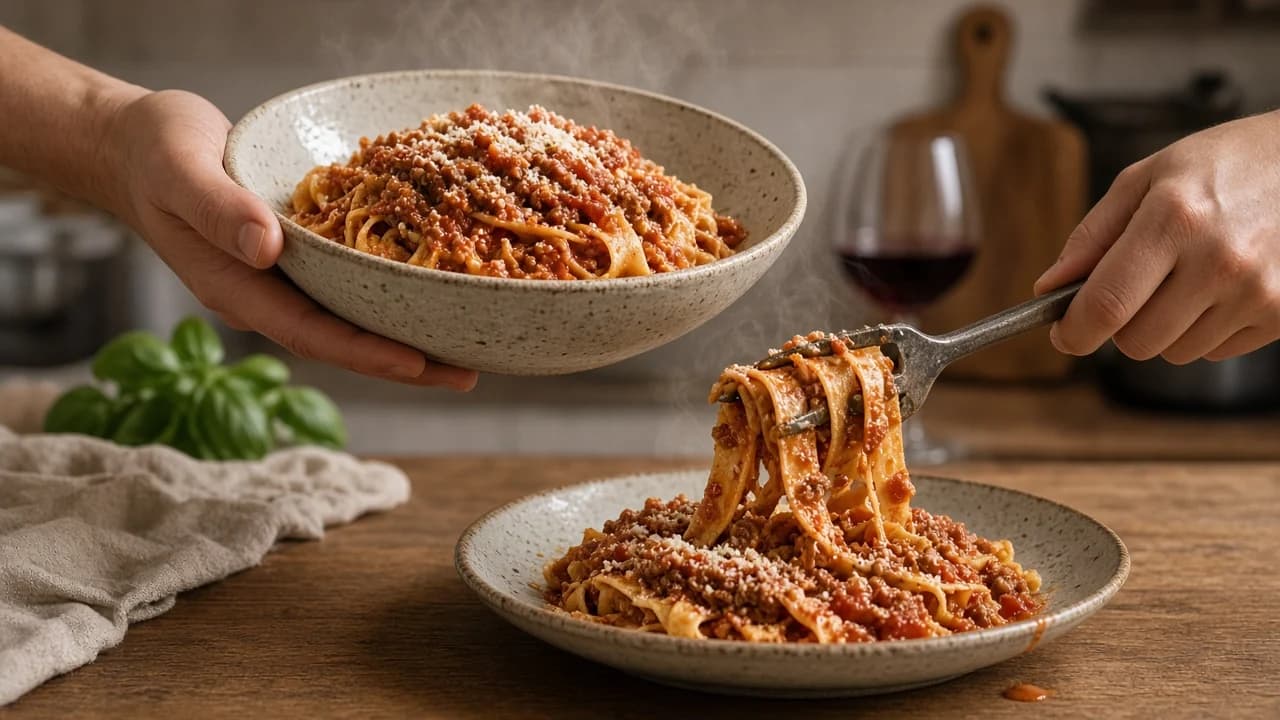 Two hands serving pappardelle with ragù from a ceramic bowl onto a plate, steam rising from the sauce.