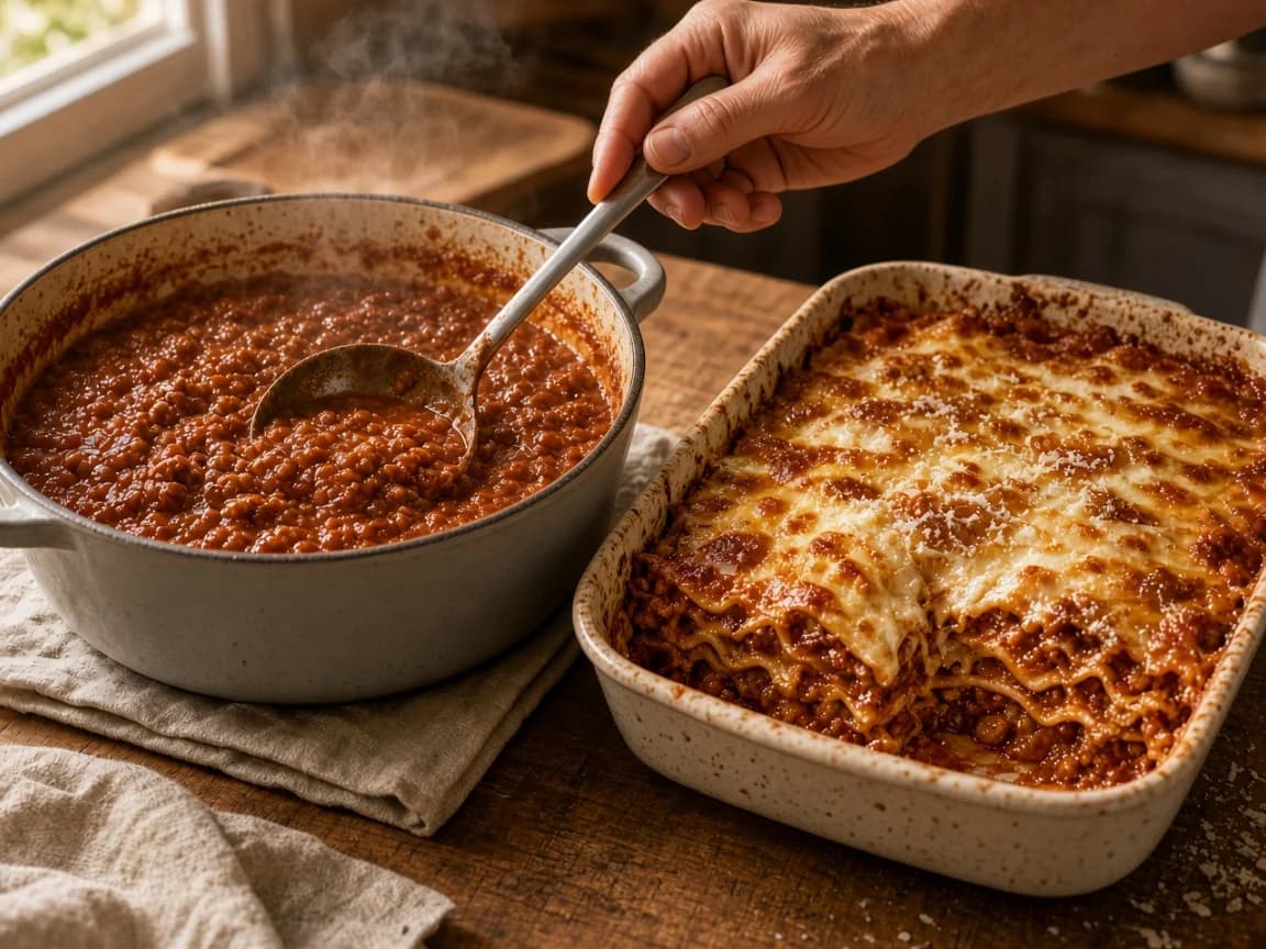 A pot of slow-cooked ragù beside a baking dish of lasagne with a slice removed, a hand lifting a ladle of the same sauce.
