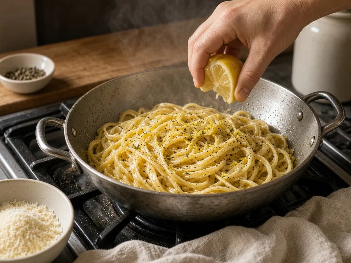 Lemon-pepper linguine finishing in a pan on the hob, steam rising, a hand squeezing lemon over the pasta beside a bowl of parmesan.