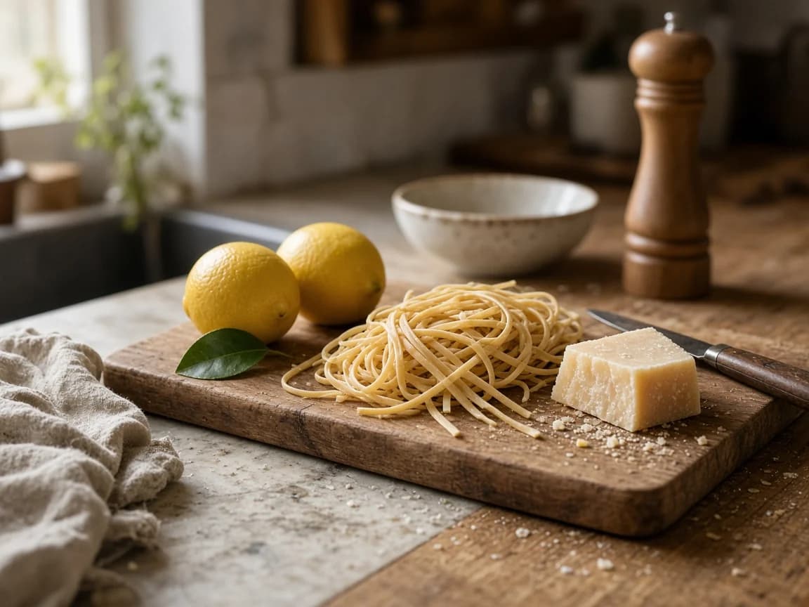 Dry linguine, two lemons and a wedge of parmesan on a wooden board in a lived-in kitchen, with a pepper mill behind.