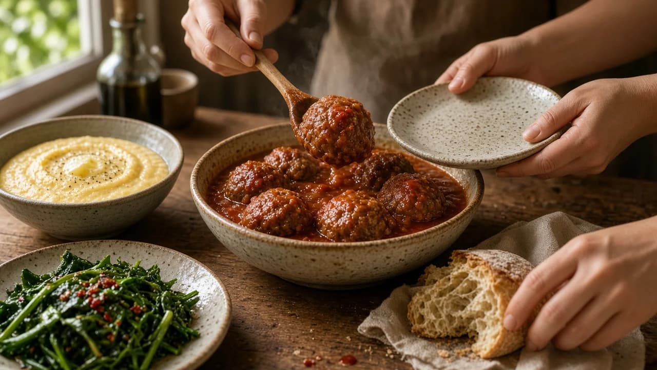Hands serving meatballs with polenta and greens at a family table.