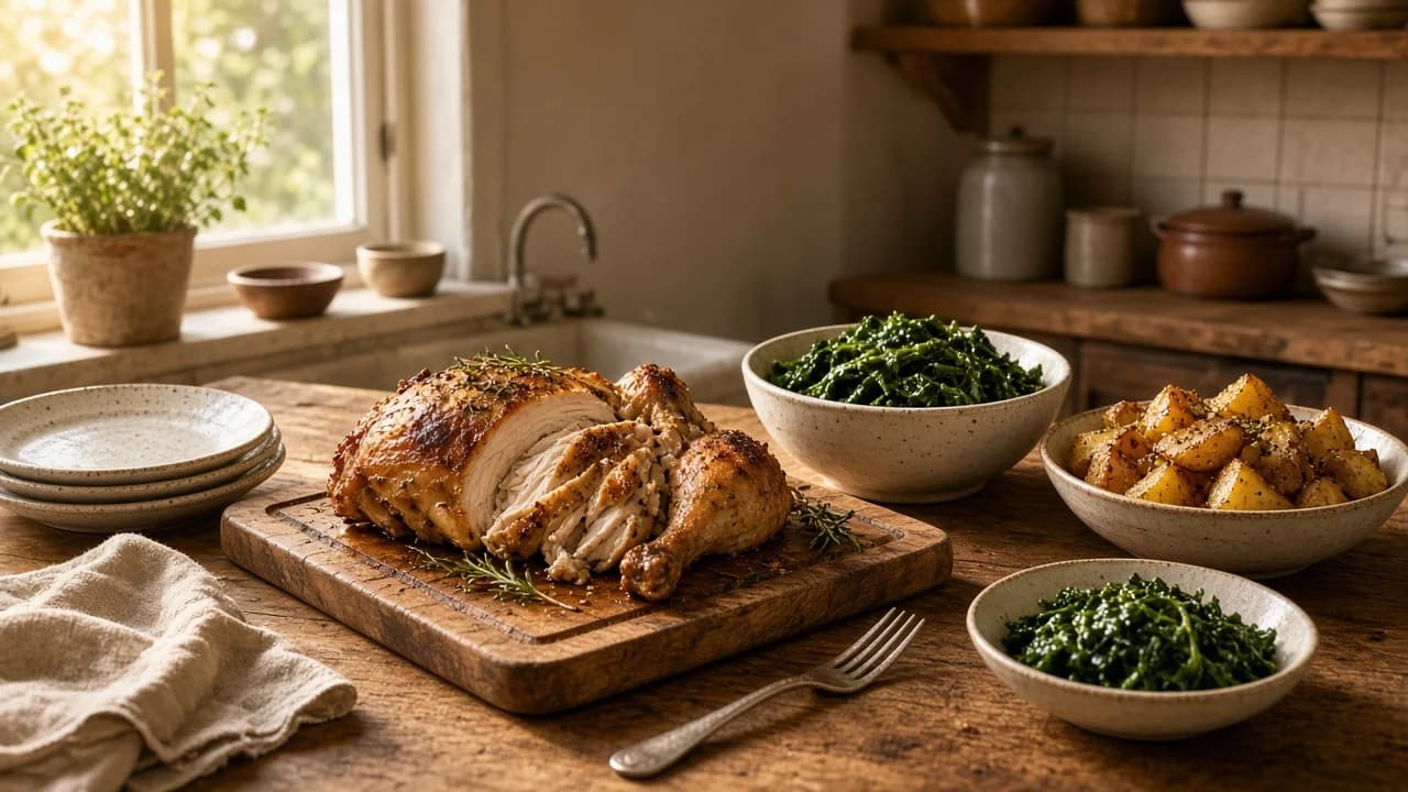 Roast chicken carved on a wooden board beside roasted potatoes and greens on a lived-in kitchen table.