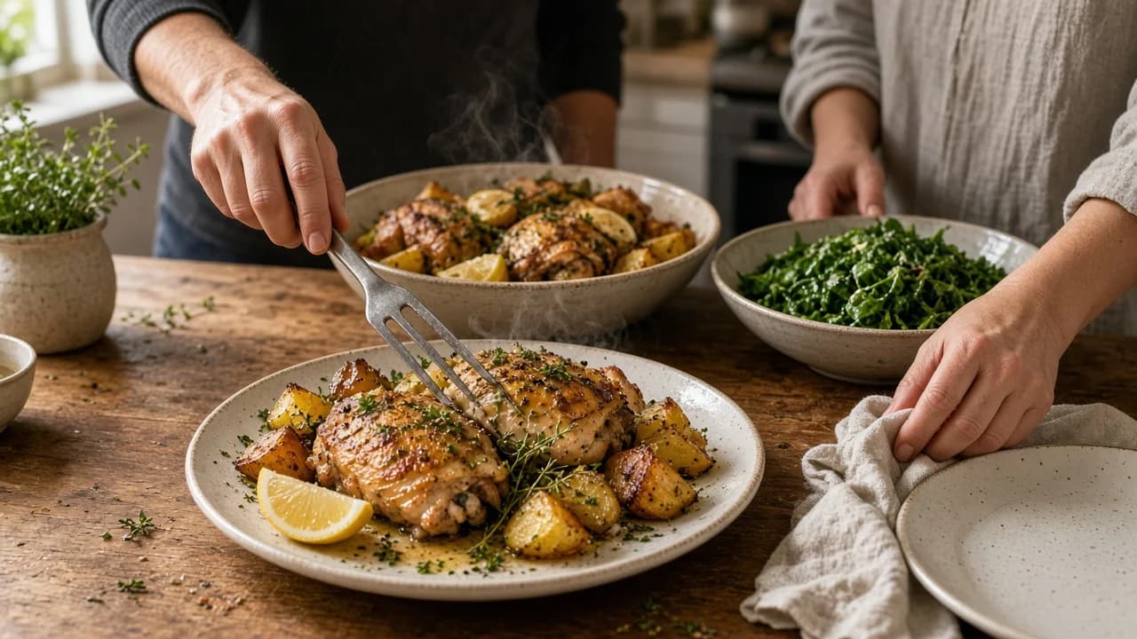 Two people serving lemon-roasted chicken with potatoes and greens.