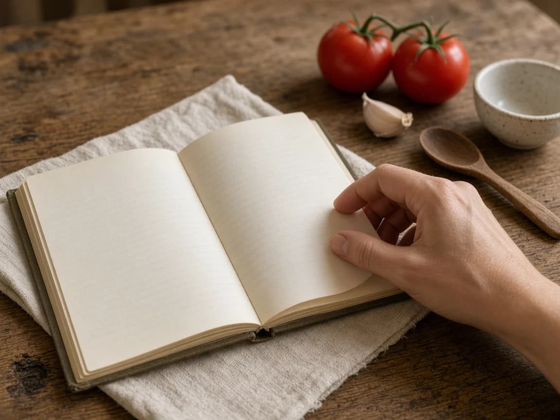 An open recipe notebook beside ingredients in a home kitchen.