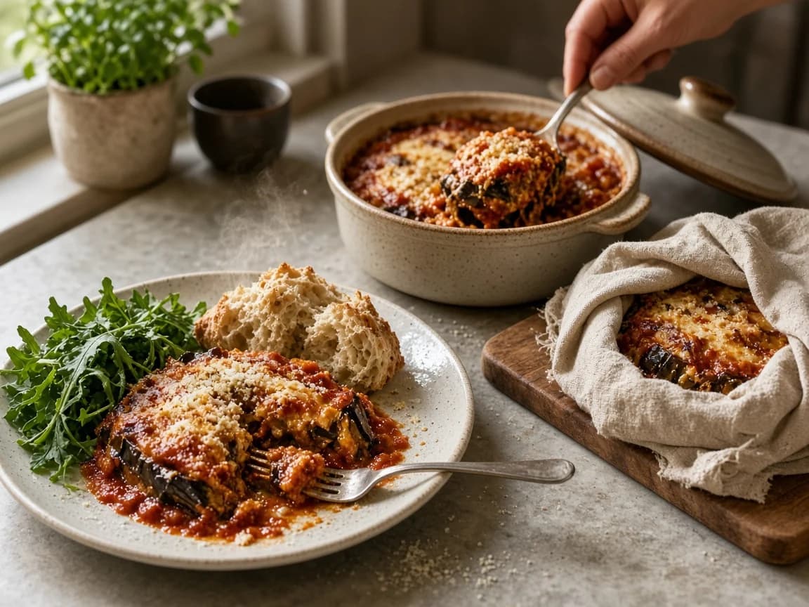 A plate of aubergine parmigiana with greens and bread beside extra baked portions wrapped in linen for a later meal.