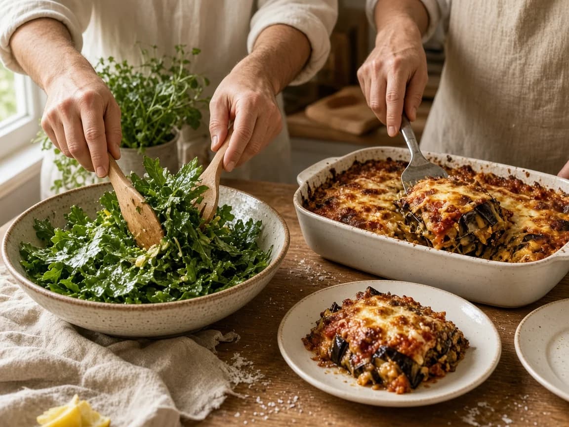 Two people preparing one dinner: hands tossing a green salad while another portions baked aubergine parmigiana onto a plate.
