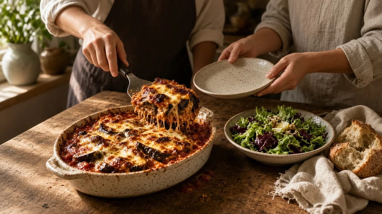 Hands serving golden aubergine parmigiana onto a ceramic plate, with bitter-leaf salad and torn bread on a wooden kitchen table, faces out of frame.