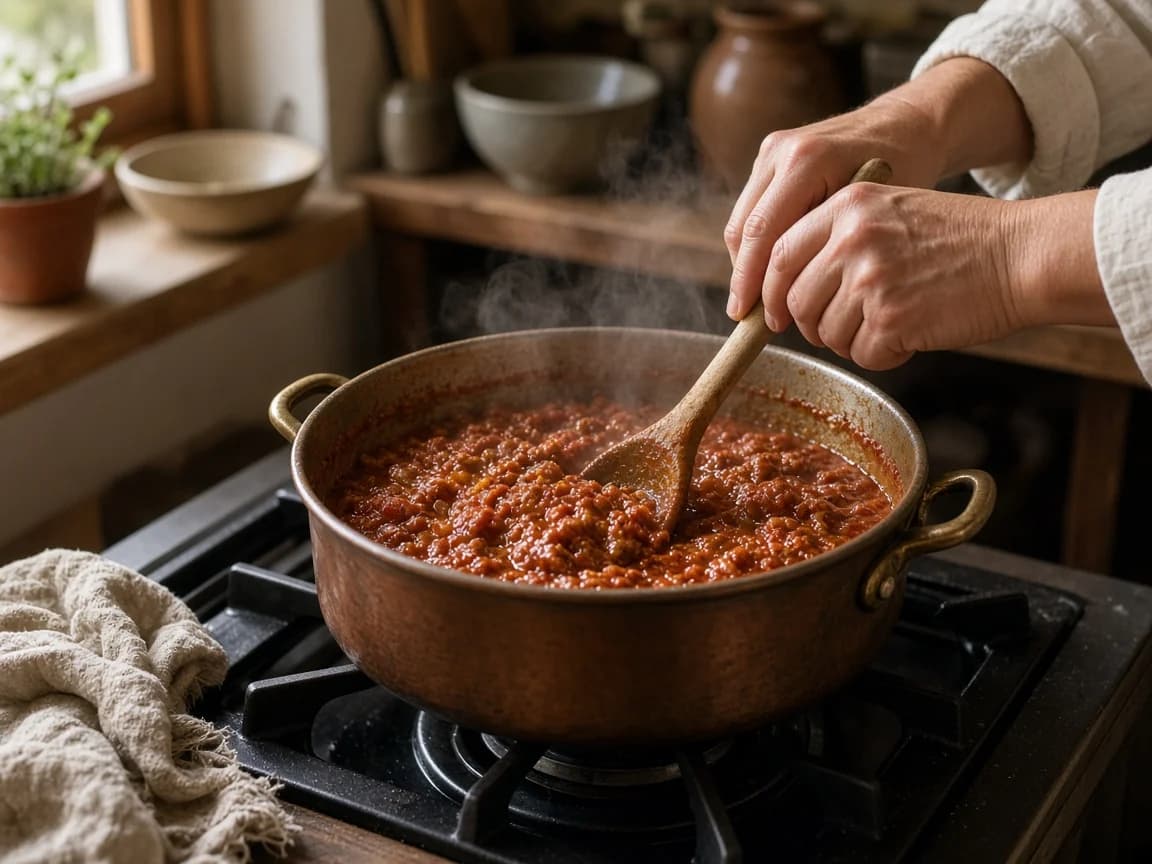 Hands stirring a pot of thick tomato ragù on the hob, steam rising from the sauce.