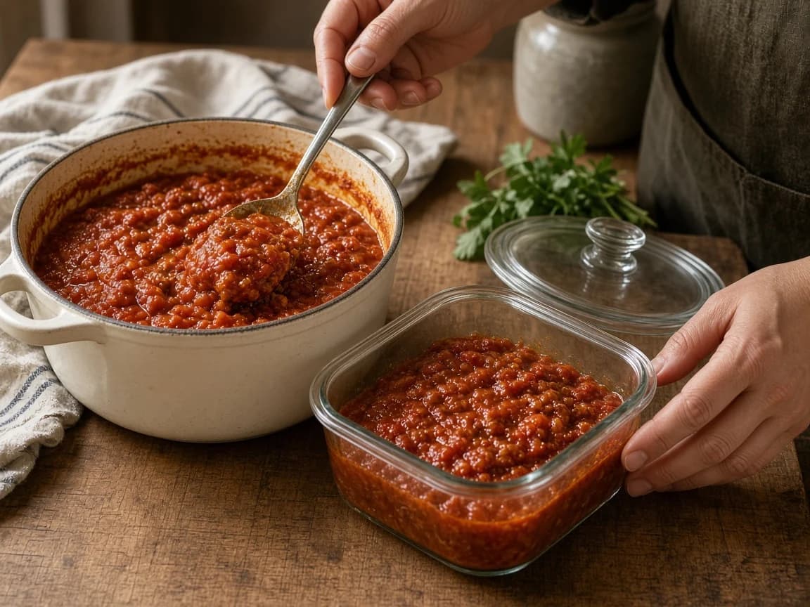 Hands spooning ragù into a glass food-storage container to keep for a later meal.